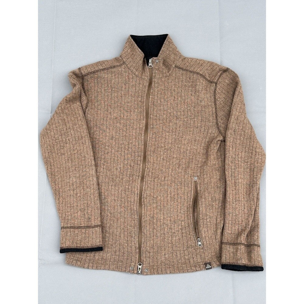 Prana Sweater Mens Medium Brown Wool Blend Full Zip Up Ribbed